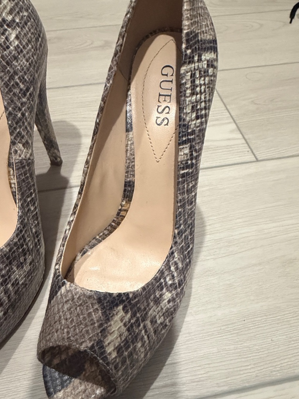 GUESS Women's Snake-Print Peep Toe Heels in Brown and Cream